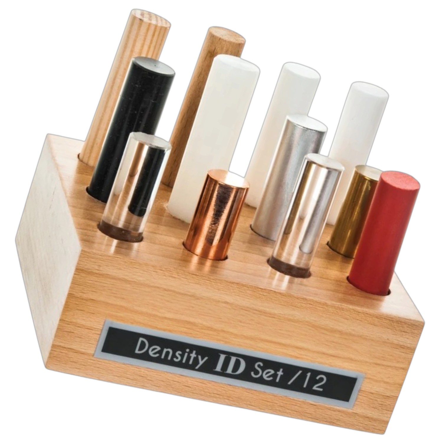 12pc Cylindrical Bars Density ID Set - Includes Hardwood, Softwood, Aluminum, Copper, Brass, Rubber, Nylon, Derlin, PVC, Glass, Acrylic & Teflon