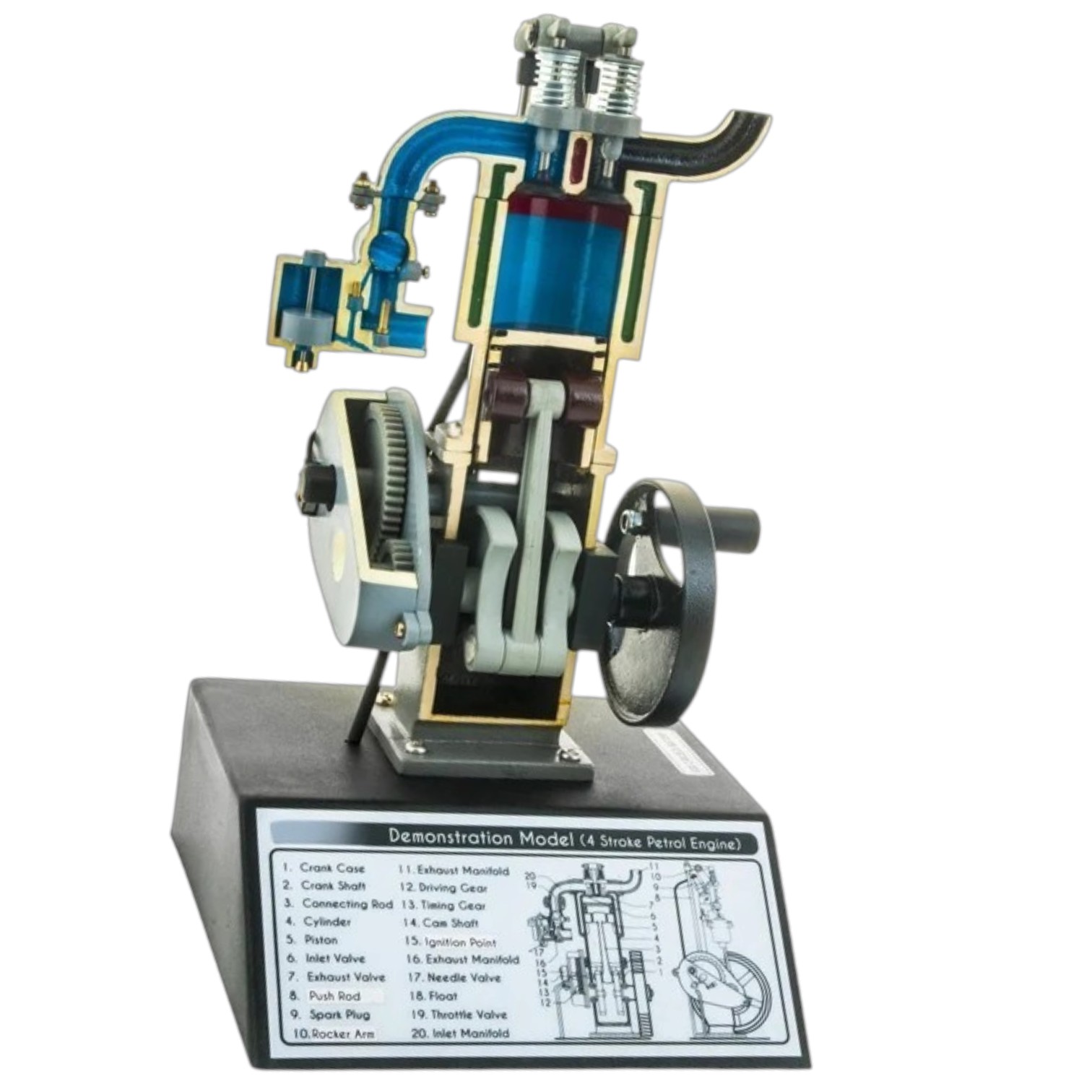 4 Stroke Gasoline Hand Crank Engine Model with Actuating Movable Parts to Demonstrate Engine Basics - 13.75" Tall - ELabs